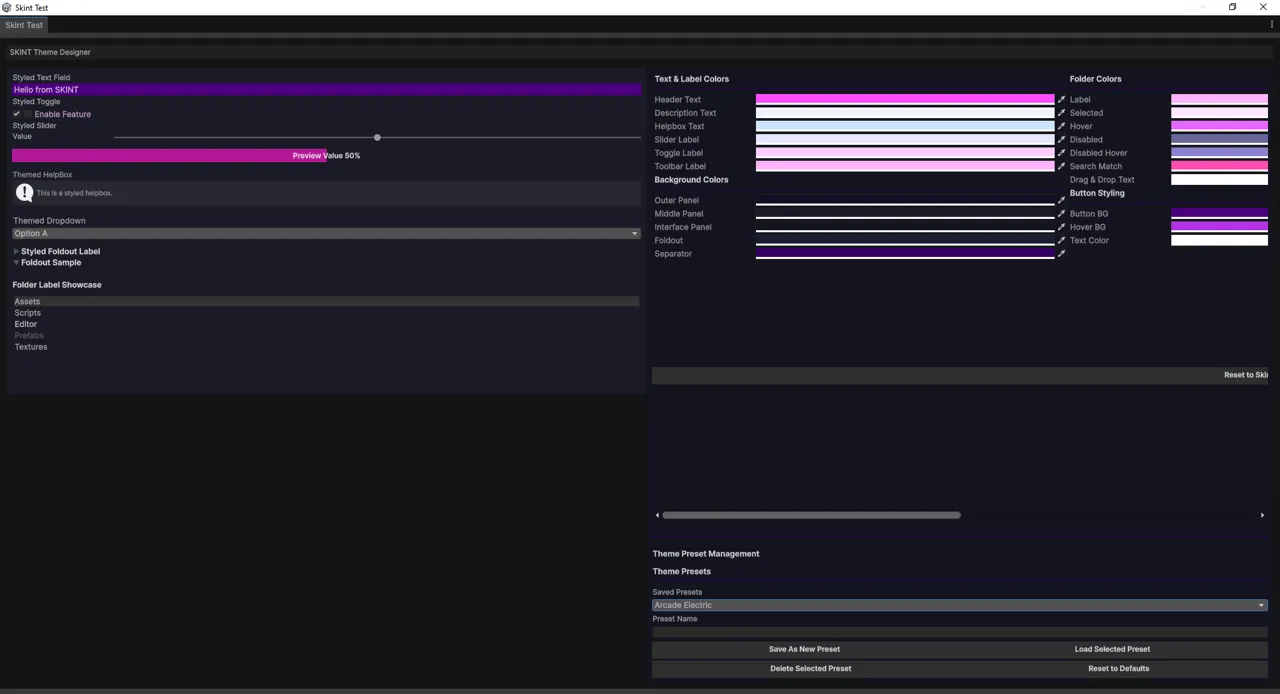 The same designer window with the Arcade Electric preset loaded — hot magenta and electric purple across every control, label and panel.