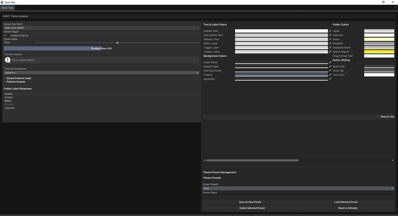 The SKINT Theme Designer window in Unity. A live preview on the left shows a styled text field reading "Hello from SKINT", a toggle, a slider, a help box, a dropdown, foldouts and a folder label list. The right-hand side holds colour controls grouped into Text & Label Colors, Background Colors, Folder Colors and Button Styling, with preset management along the bottom. This is the Dark preset — restrained greys and a muted blue accent.