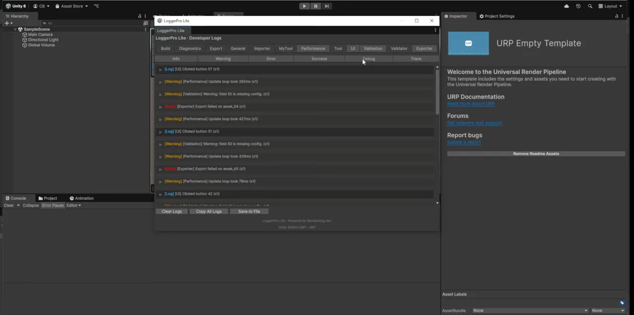 LoggerPro Lite running inside an otherwise empty Unity URP template project. A floating window titled "LoggerPro Lite — Developer Logs" shows a row of category tabs — Build, Diagnostics, Export, General, Importer, MyTool, Performance, Tool, UI, Validation, Validator, Exporter — above a severity filter of Info, Warning, Error, Success, Debug and Trace. Below them, colour-coded log entries each carry a repeat count, and the footer offers Clear Logs, Copy All Logs and Save to File.